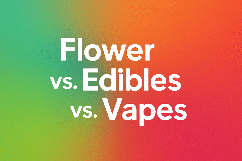 Colorful graphic with the centered text 'Flower vs. Edibles vs. Vapes' displayed in bold white font across a vibrant horizontal gradient background of teal, yellow, orange, and pink hues.